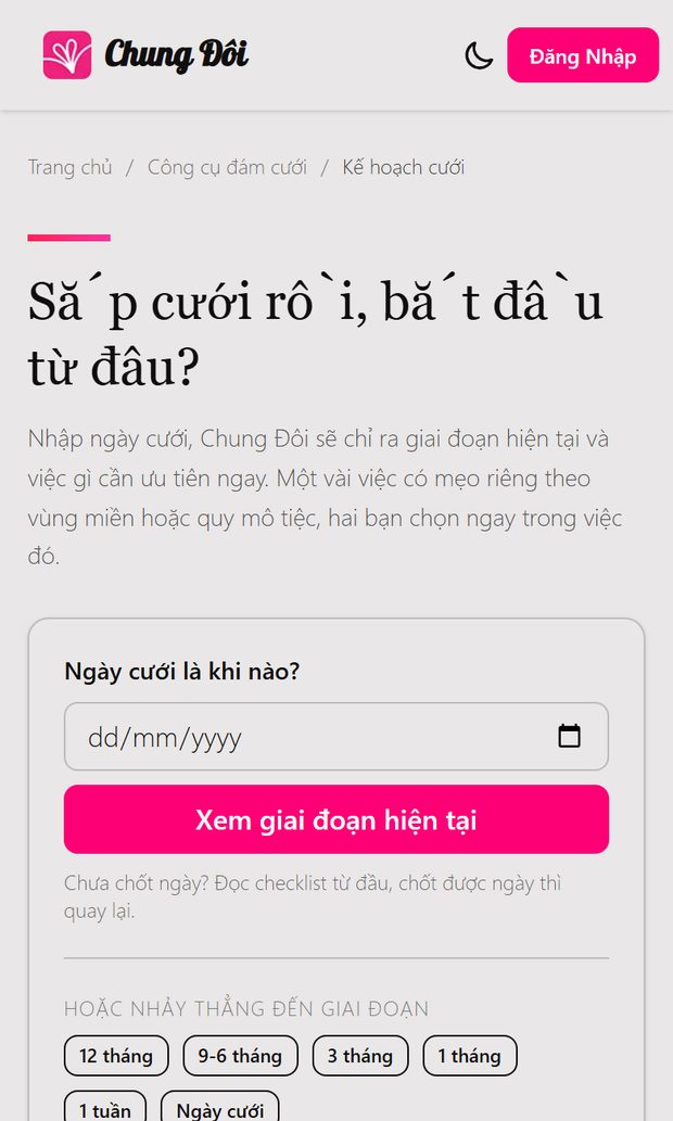 Đầu trang kế hoạch cưới Chung Đôi